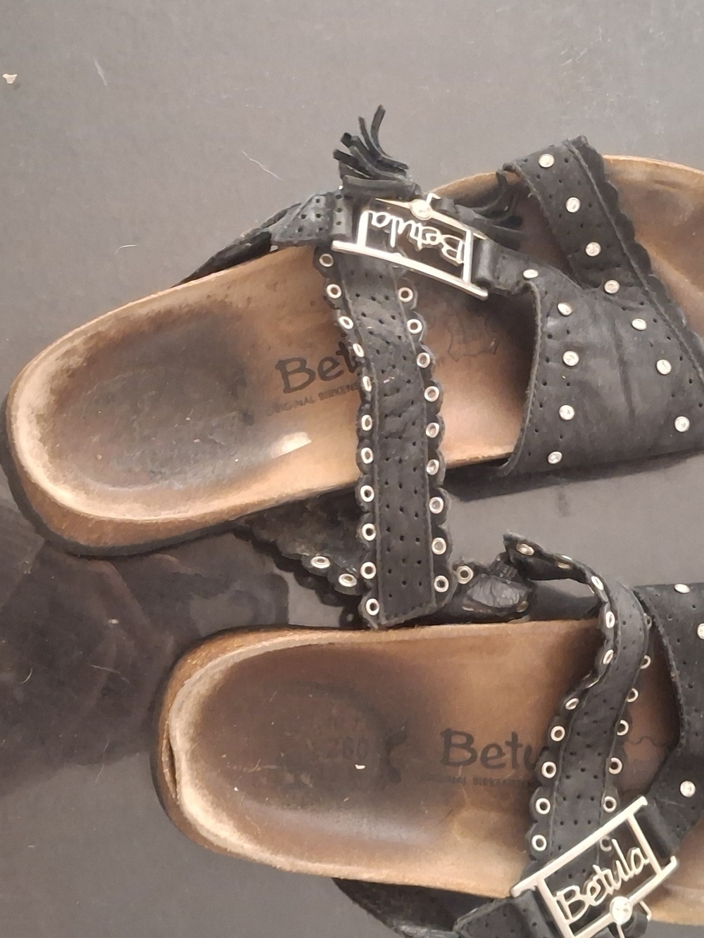 Birkenstock Black Studded Leather Slide Sandals with Buckle